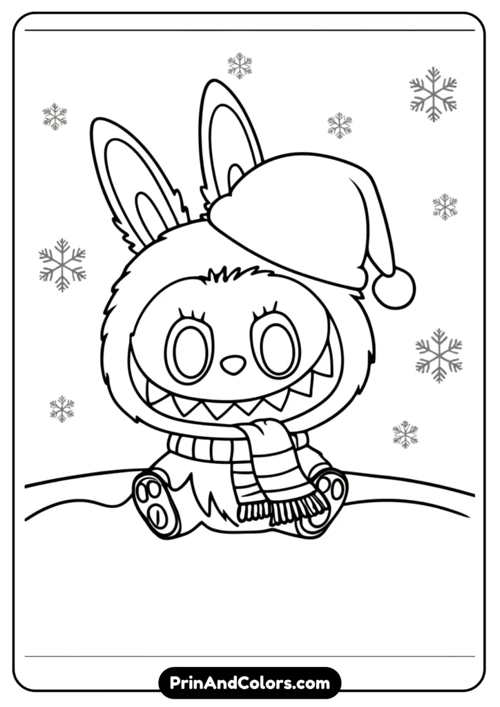 Christmas-themed line art of Labubu dressed as Santa, sitting in snow with gifts and snowflakes.
