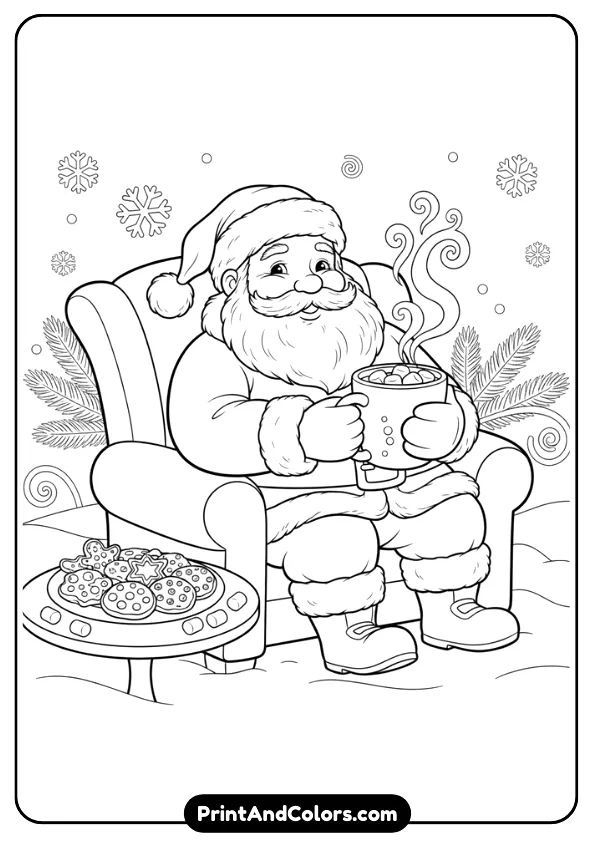 Cute Santa sitting comfortably holding a warm mug of hot cocoa with steam swirls. Add marshmallows, cookies, and soft winter elements