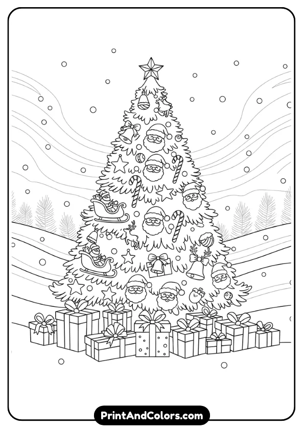 Create a detailed black and white line-art Christmas tree decorated with Santa-themed ornaments such as mini Santa hats, tiny Santa faces, sleigh shapes, candy canes, bells, and stars. Add presents under the tree and a soft snowy background