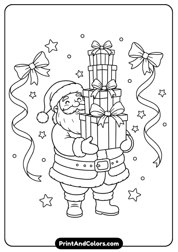 Santa holding or stacking several wrapped presents. Add ribbons, bows, and stars around him. Simple lines suitable for kids