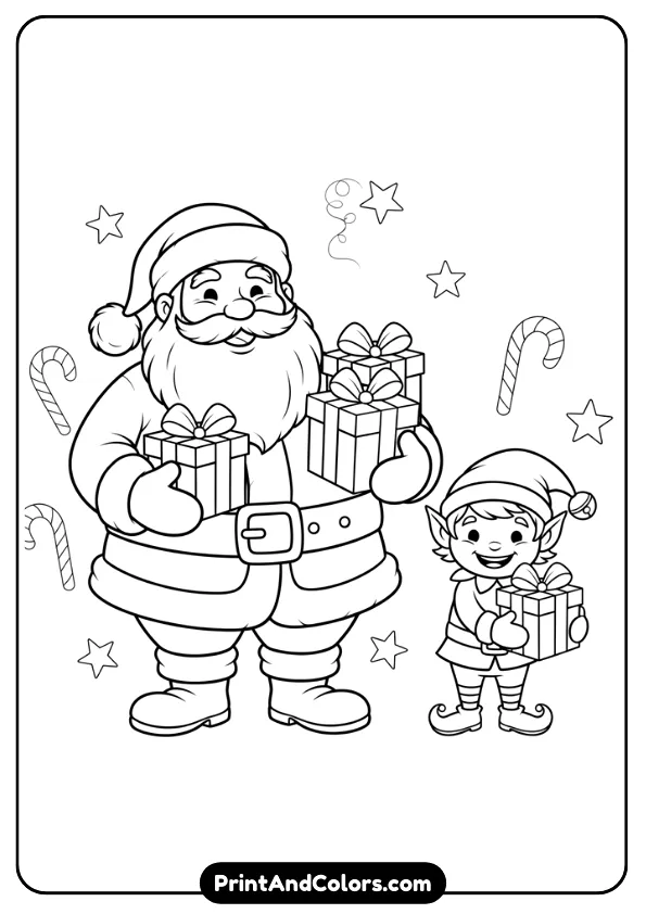 Santa standing with a small elf helper, both smiling while holding presents. Add simple stars or candy canes behind them