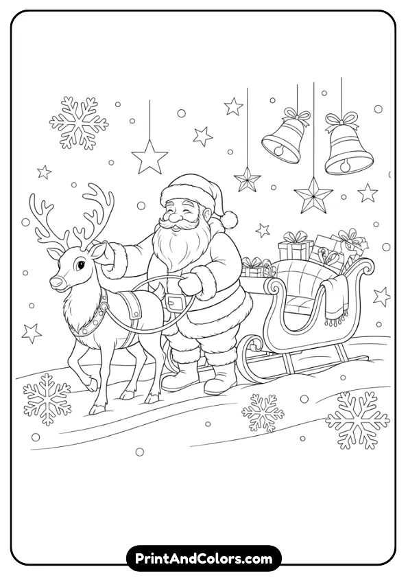 Santa petting or guiding his reindeer, with sleigh nearby. Add snowy ground, stars, and bells. Friendly kid-style outline