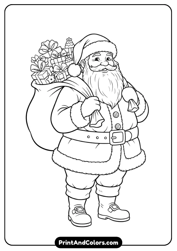A complete Santa Claus figure with classic beard, hat, boots, and gift sack. Clean medium-thick outlines perfect for all ages