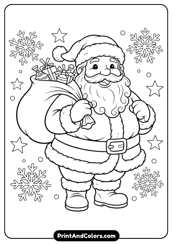 Classic printable Santa Claus line-art, medium detail, showing Santa smiling, holding a sack, with simple holiday elements like snowflakes and stars. Clean, thick outlines suitable for printing