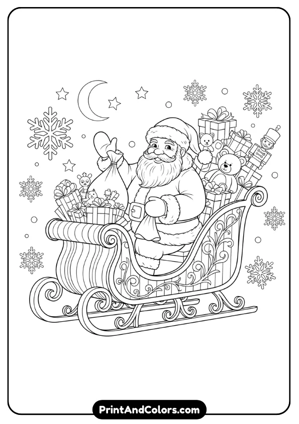Santa sitting in a decorated sleigh filled with gifts. Add candy-cane patterns, snowflakes, and a simple night sky background. Clean outlines