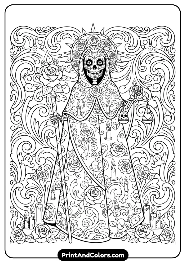 Create a stylized “Santa Muerte” skeleton figure with festive cloak, roses, candles, and sugar-skull inspired detailing. Black and white ornamental lines