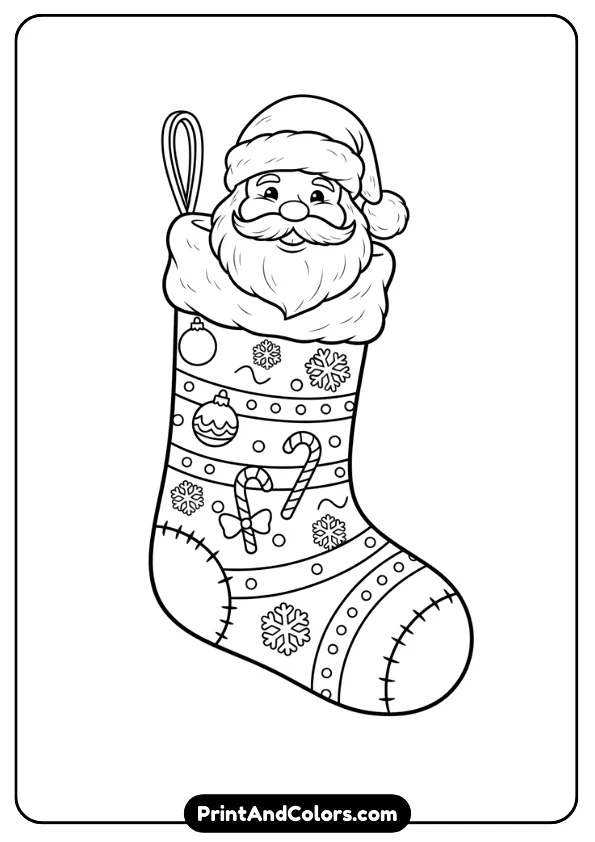 A Christmas stocking featuring Santa’s face or Santa peeking out. Add ornaments, candy canes, snowflakes, and stripes
