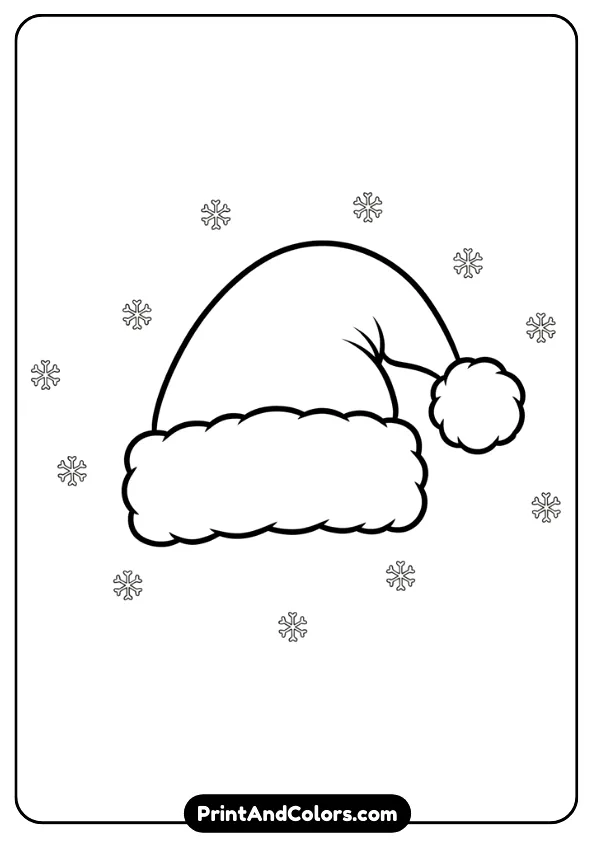 Simple black and white outline of Santa’s iconic hat with fluffy trim and pom-pom. Add small snowflakes around.