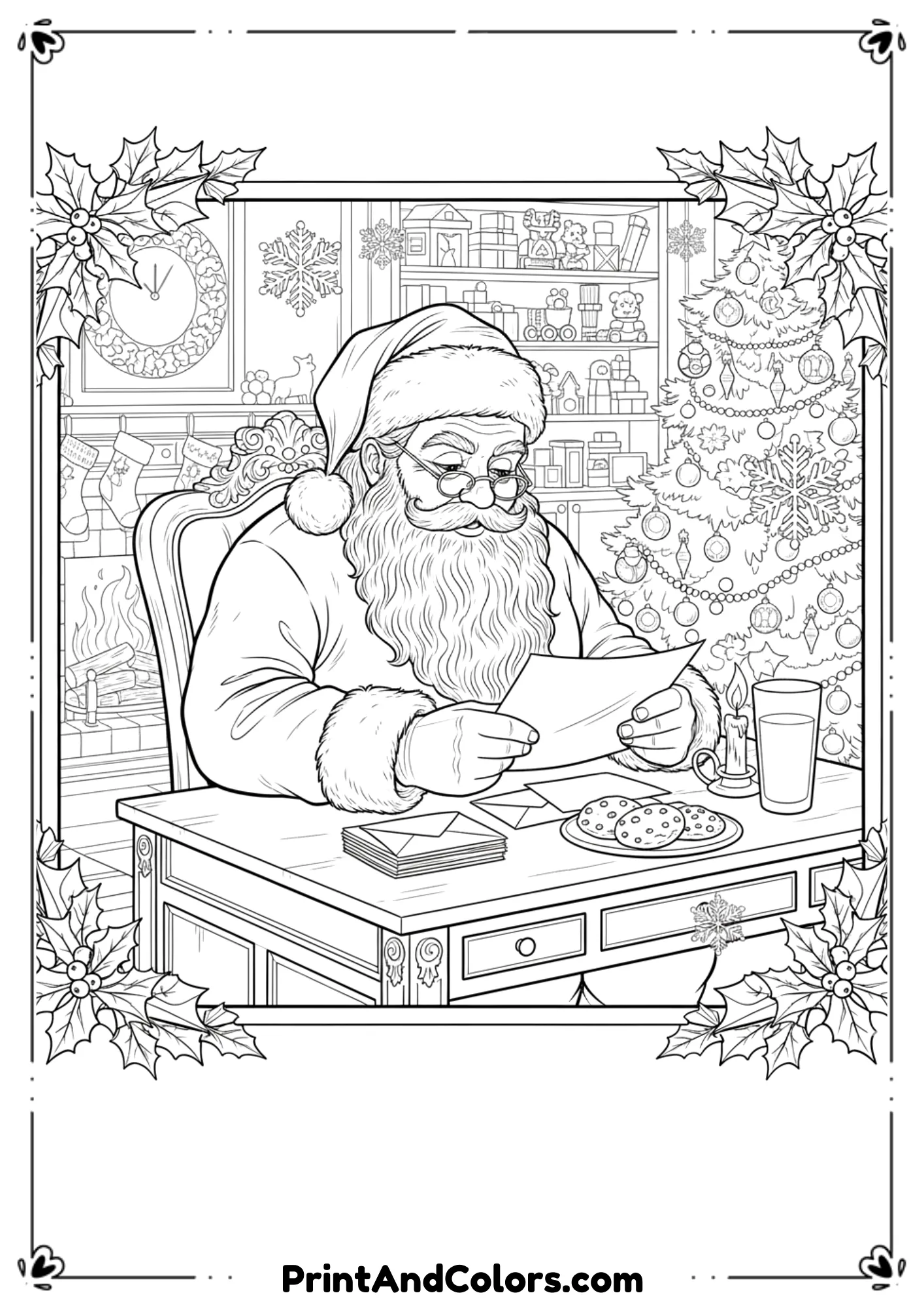  Santa Claus in line art style reading children’s letters at a table with cookies and milk beside him.
