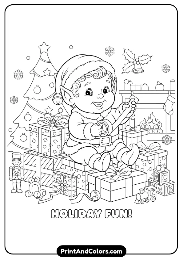 Cute elf child or baby dressed in Santa’s style helping wrap gifts. Add small toys, ribbons, and cheerful holiday elements