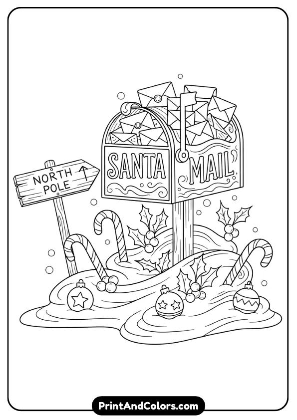 Decorative mailbox labeled “Santa Mail” surrounded by letters, snow, candy canes, and holiday décor. Add North Pole sign optional