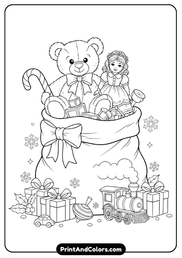 Black and white outline of a big overflowing sack filled with toys—teddy bear, doll, candy cane, toy train. Add simple holiday details