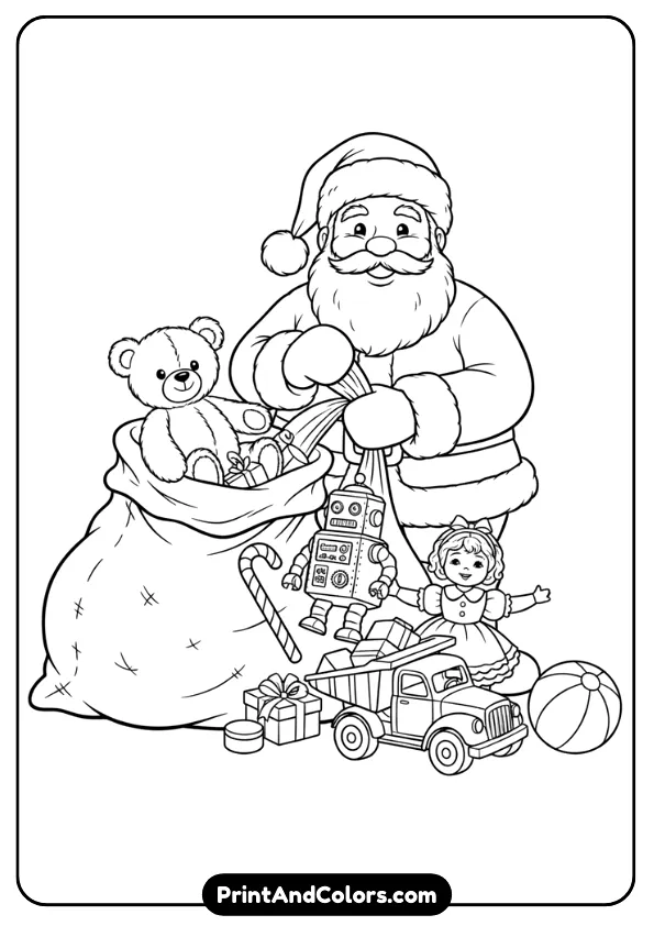 A large open sack overflowing with toys—teddy bear, robot, candy cane, doll, truck, ball. Santa standing nearby or holding the bag. Clean outlines