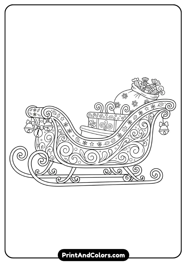 Create a clean line-art drawing of Santa’s sleigh decorated with swirls, bells, and holiday patterns. No reindeer, just the sleigh
