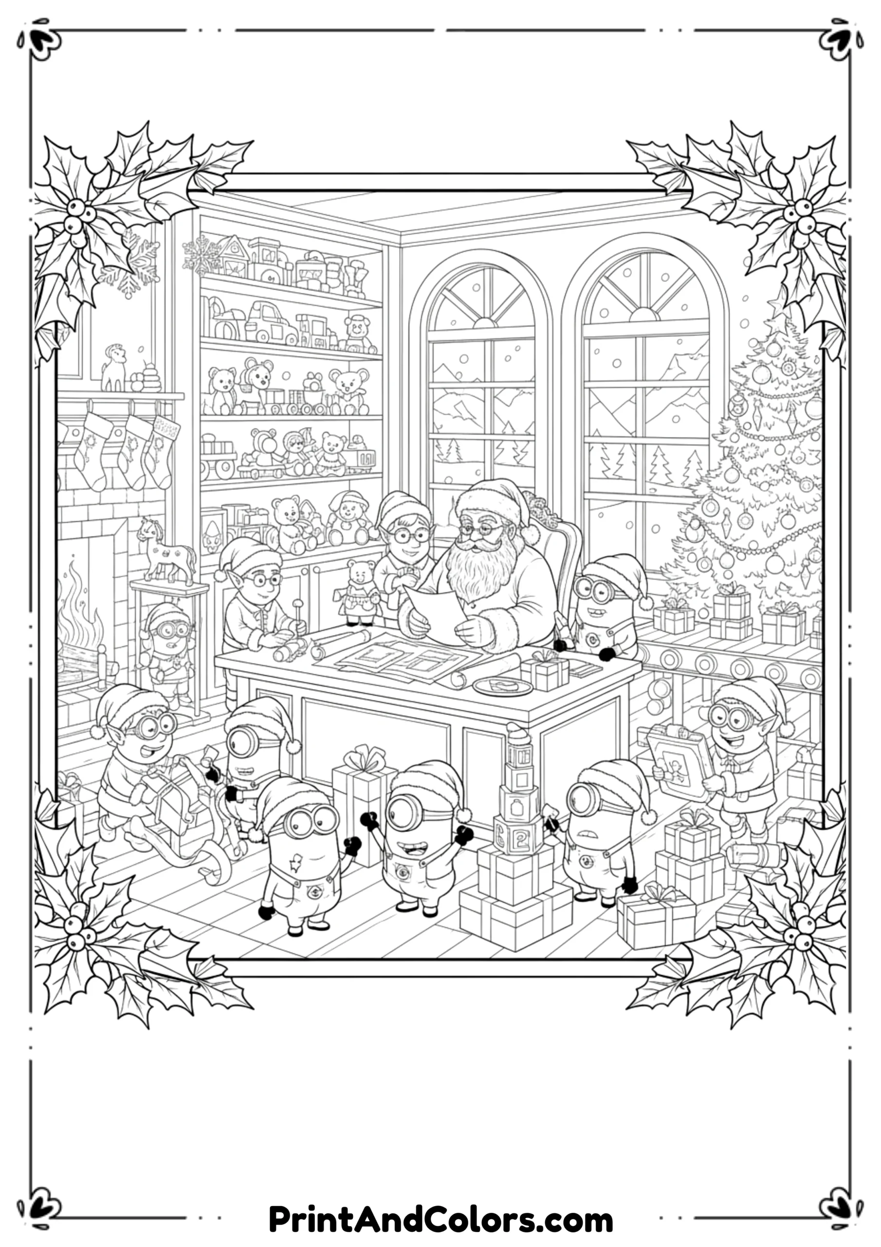 Black and white line drawing of Santa’s workshop with toy-making elves and playful Minions helping with gifts.
