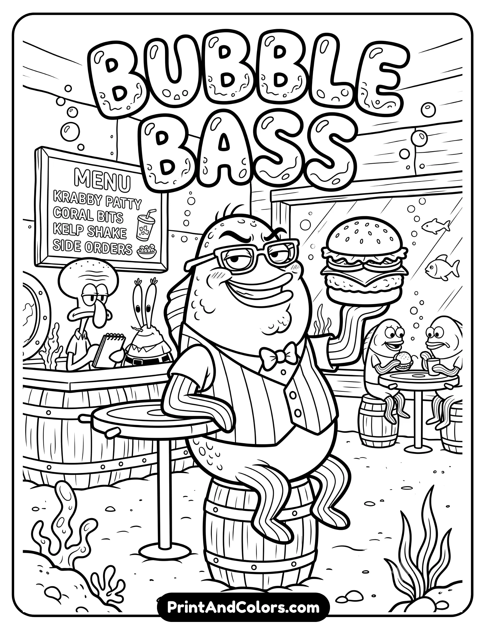 Black and white coloring page of Bubble Bass with exaggerated sassy facial expression, holding a Krabby Patty, underwater restaurant background, bold cartoon outlines and funny printable coloring design for kids