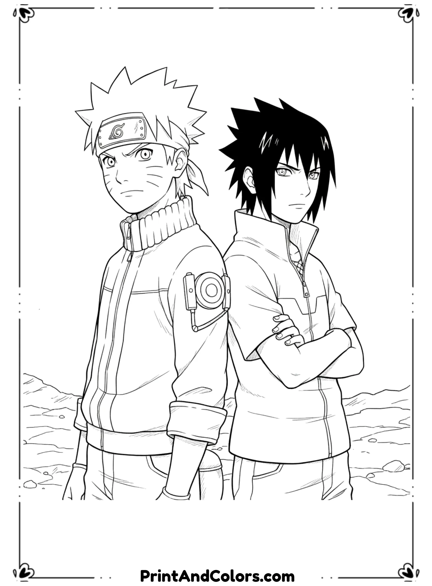 Create black and white line art of Naruto and Sasuke standing back-to-back in a rival pose. Clear facial expressions, detailed ninja outfits. Minimal background, bold outlines, no shading.

