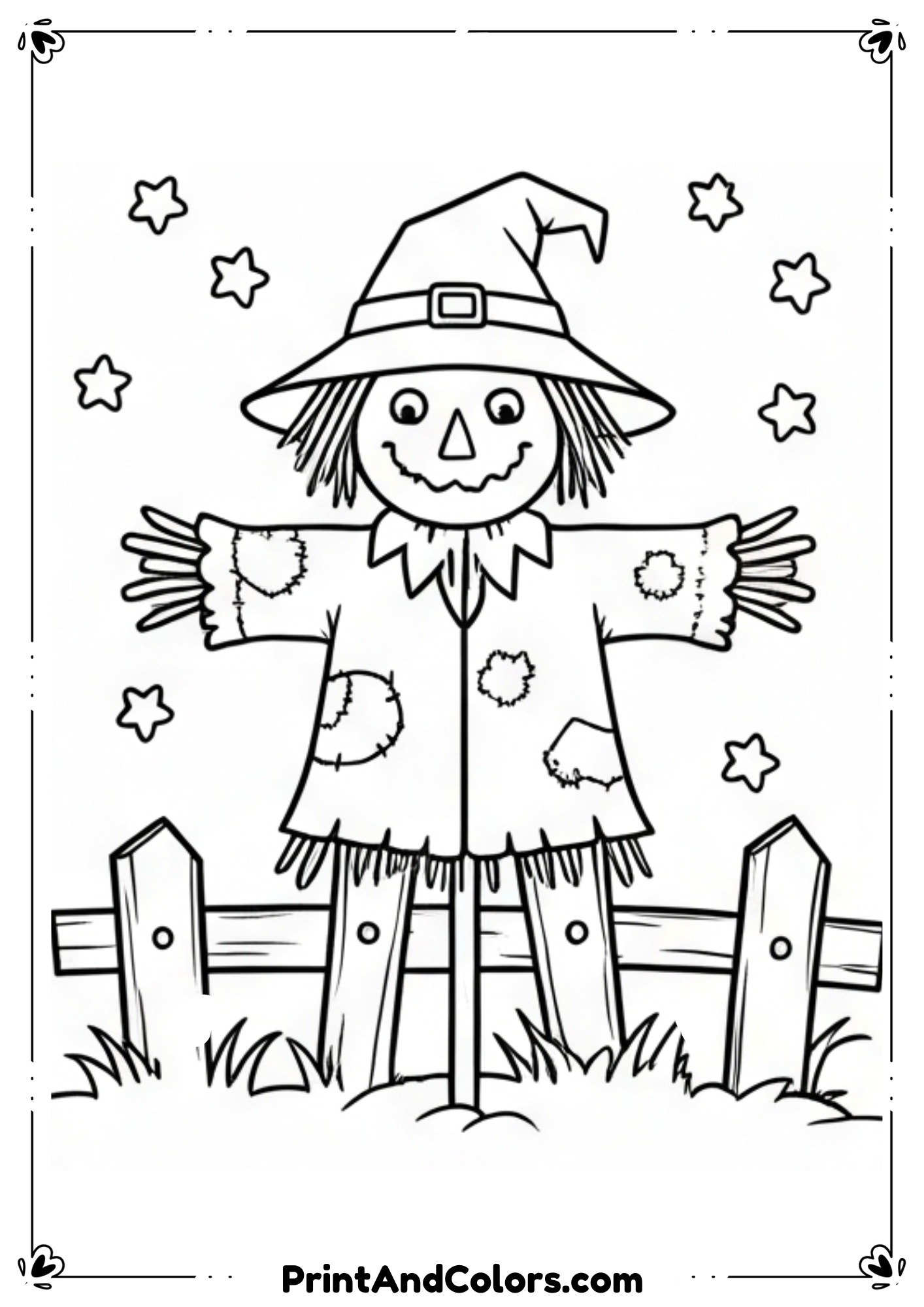 Halloween scarecrow in a cornfield with moon and bats in creepy line art.