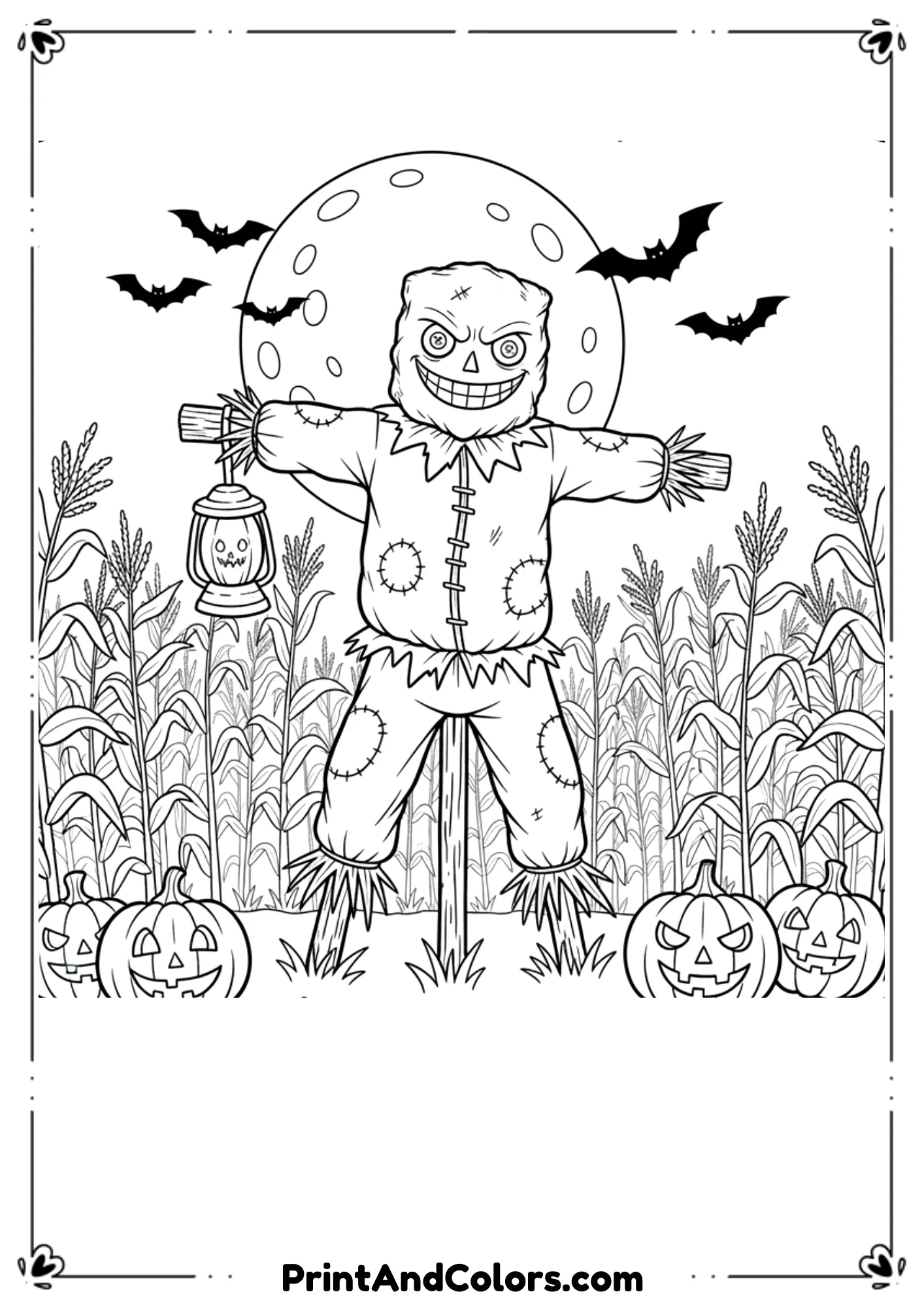 Halloween scarecrow in a cornfield with moon and bats in creepy line art.
