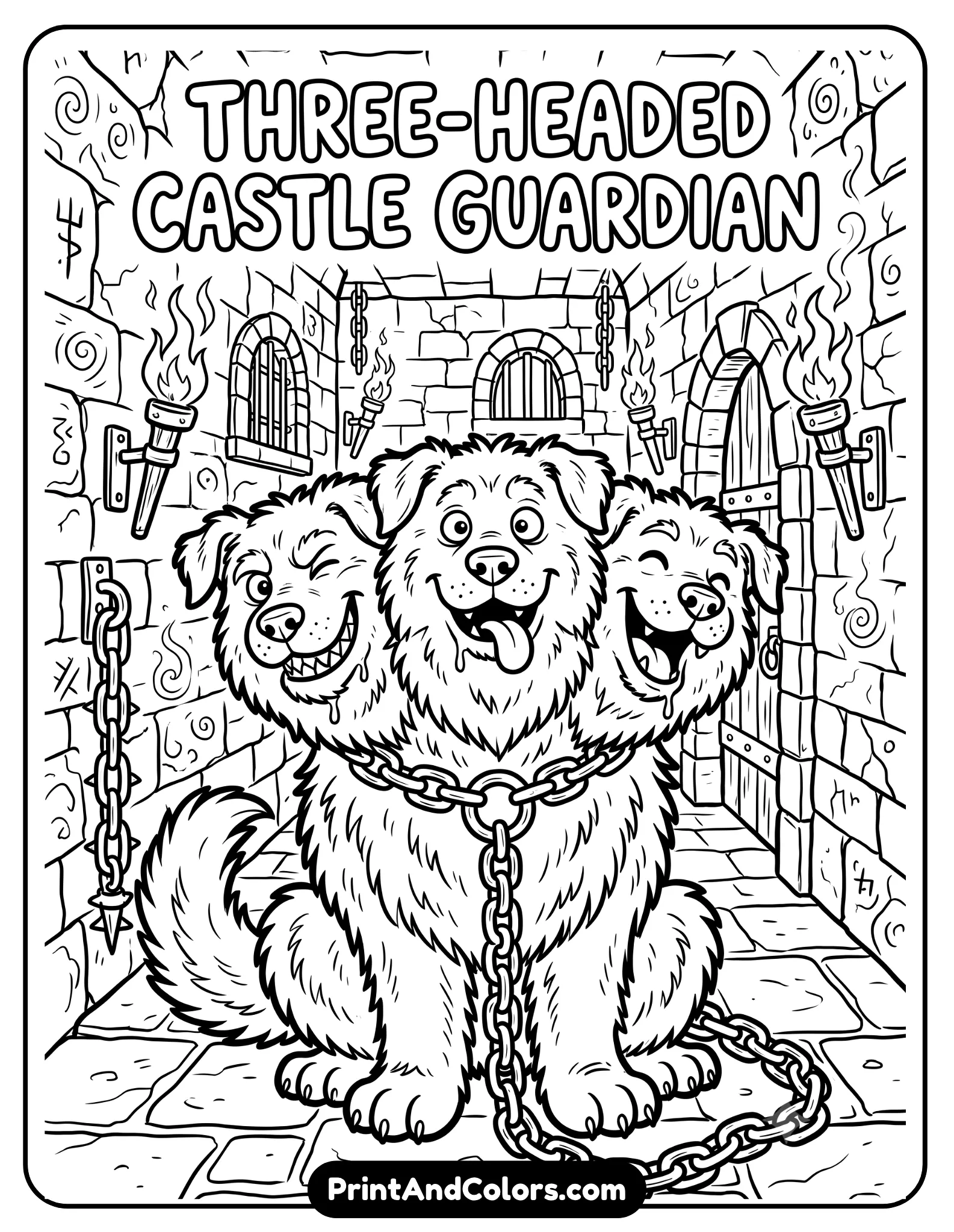 Fun black and white coloring page of a giant three-headed fantasy dog sitting inside a castle corridor. Include exaggerated fluffy fur, playful but spooky expressions, chains, torches, and magical stone walls. Bold outlines suitable for children, printable fantasy coloring sheet style