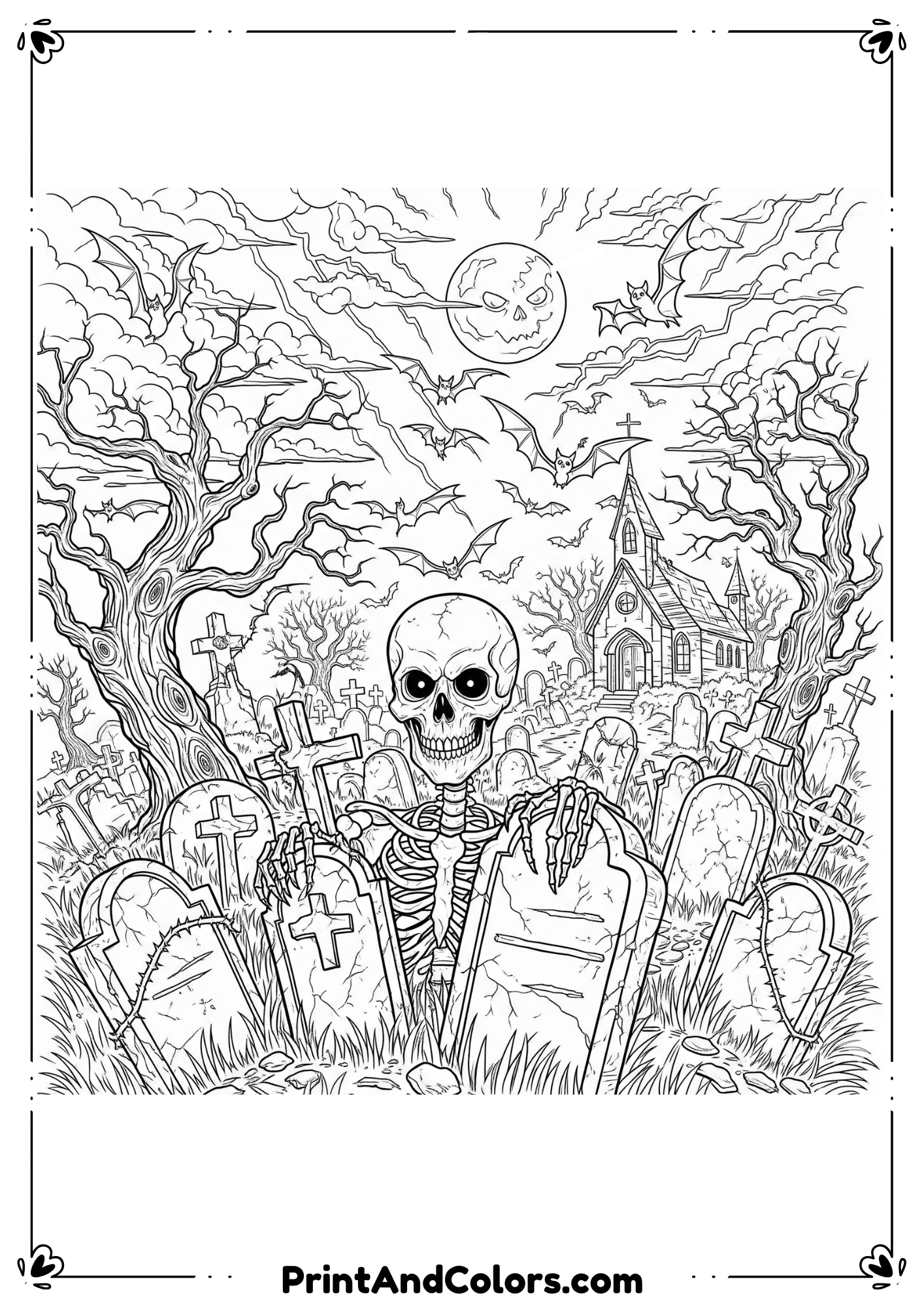 Creepy skeleton, haunted graveyard, and bats in detailed black-and-white horror line drawing for coloring.