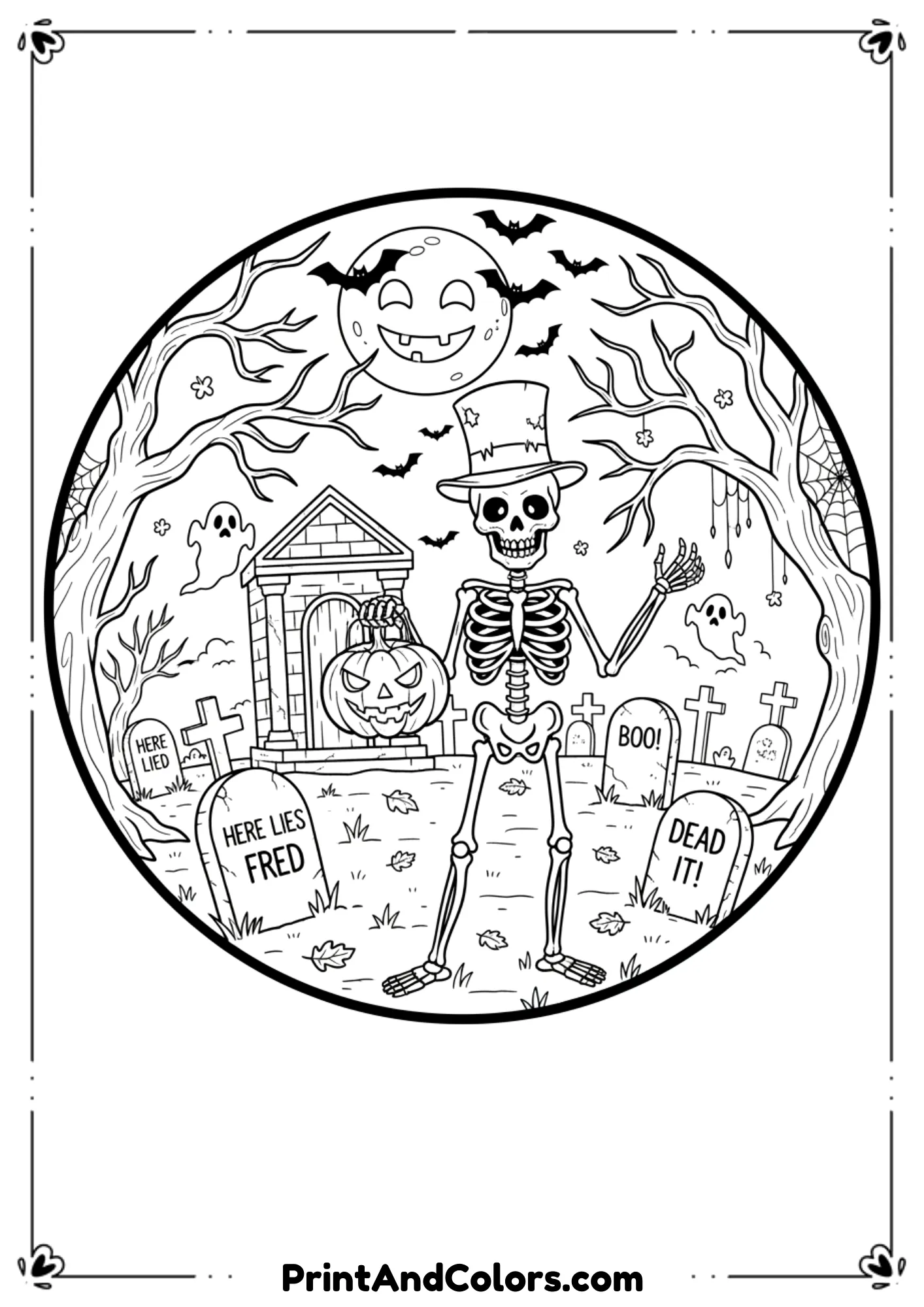 Creepy skeleton, haunted graveyard, and bats in detailed black-and-white horror line drawing for coloring.
