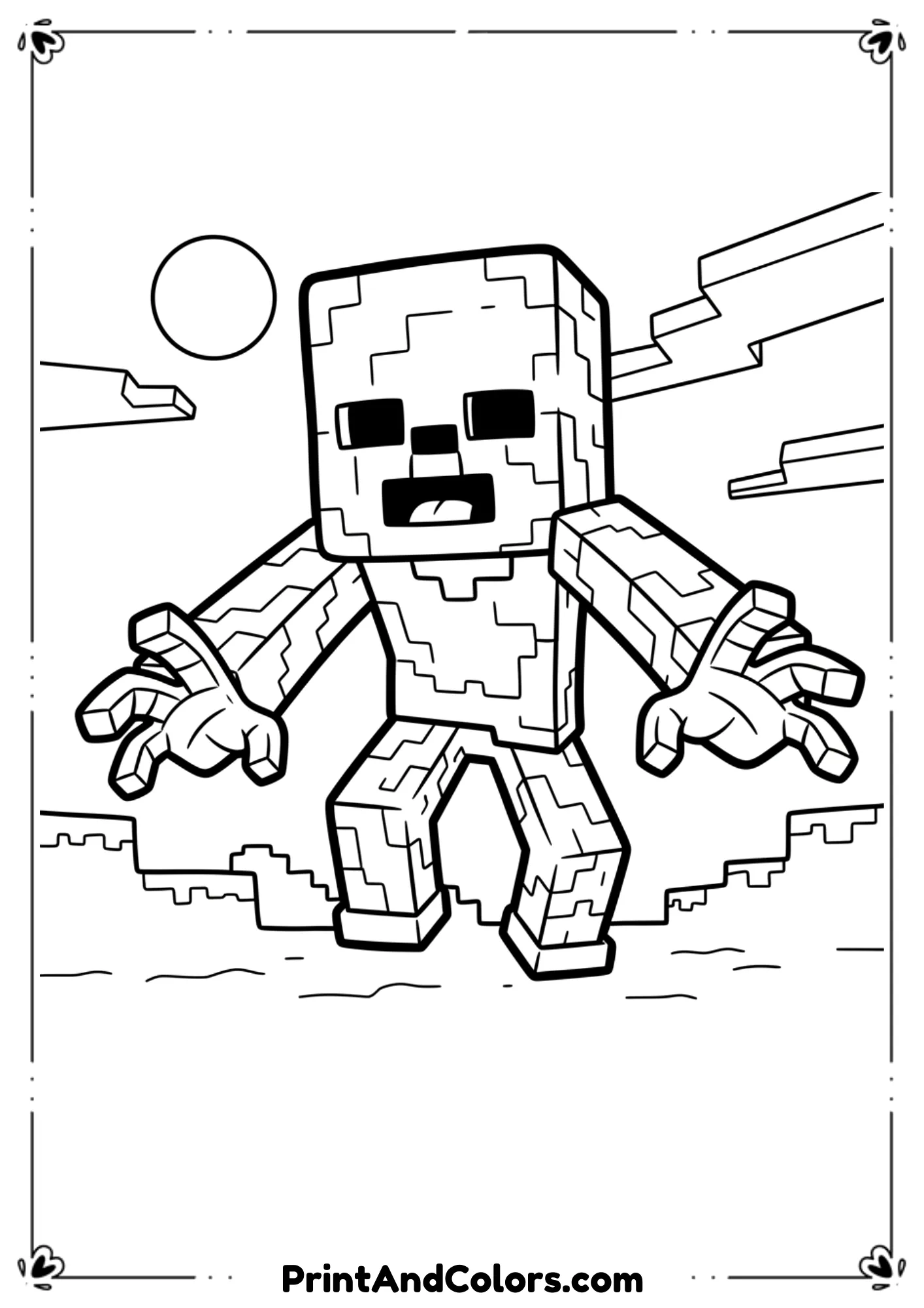 Black and white line illustration of a Minecraft movie-style zombie reaching forward, spooky but kid-friendly, bold outlines, no shading, printable coloring sheet.
