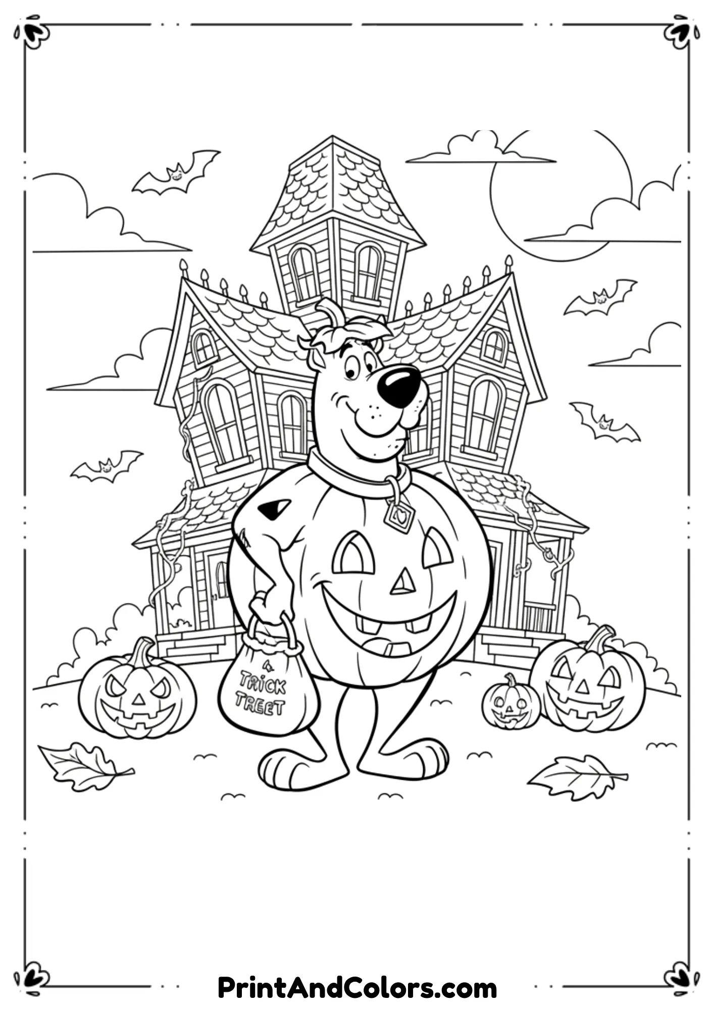 Scooby-Doo wearing pumpkin costume with bats and haunted house background in cartoon line art.
