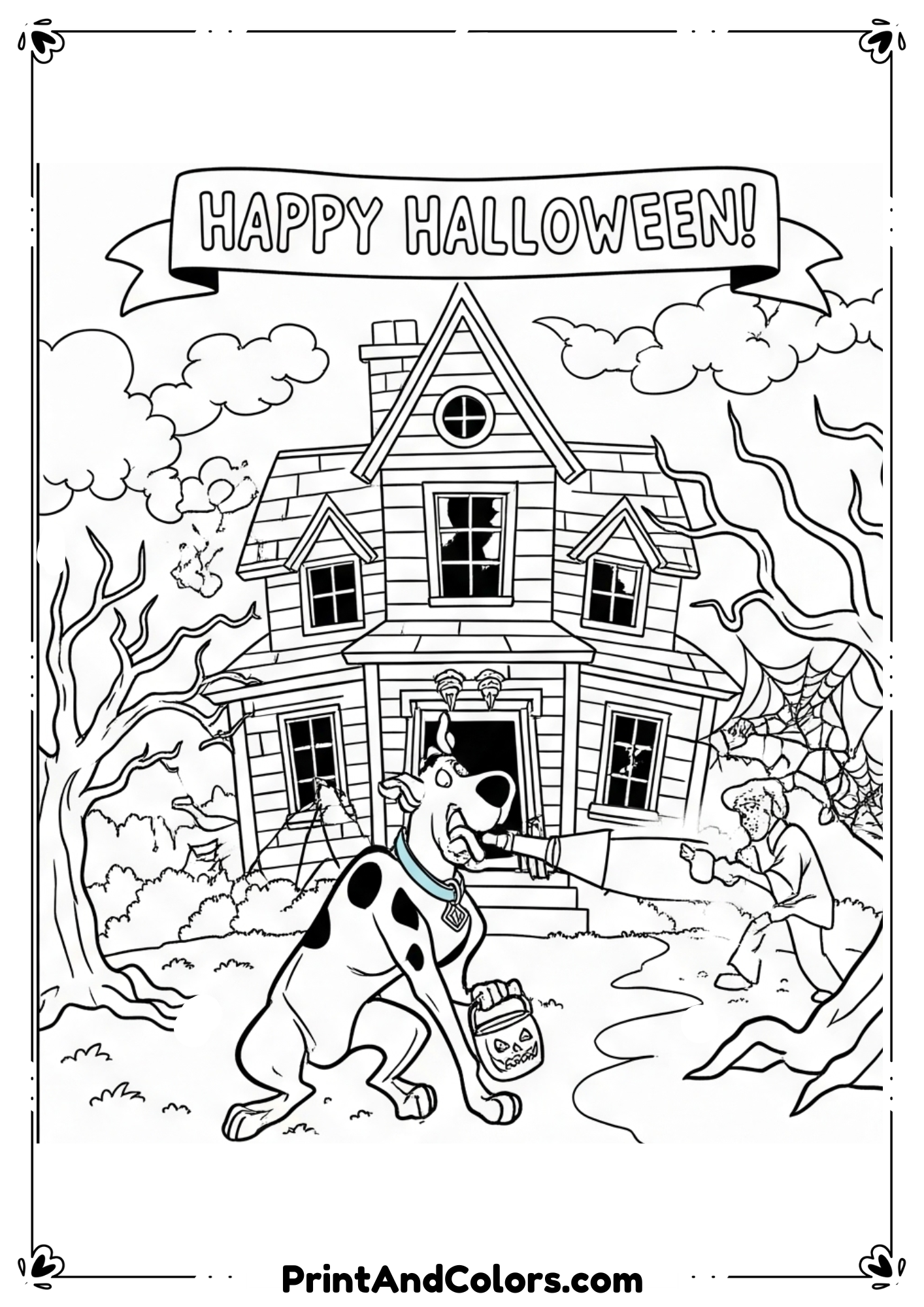 Scooby-Doo wearing pumpkin costume with bats and haunted house background in cartoon line art.