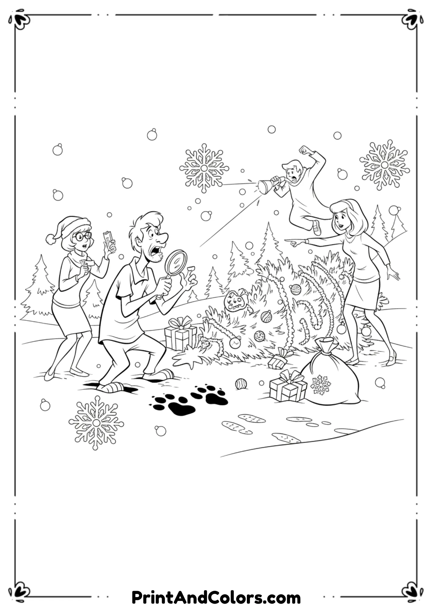 Black and white outline of Scooby-Doo and friends solving a Christmas mystery near a decorated tree.
