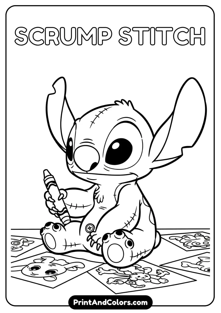 Scrump plush doll with stitches and buttons sitting on the floor