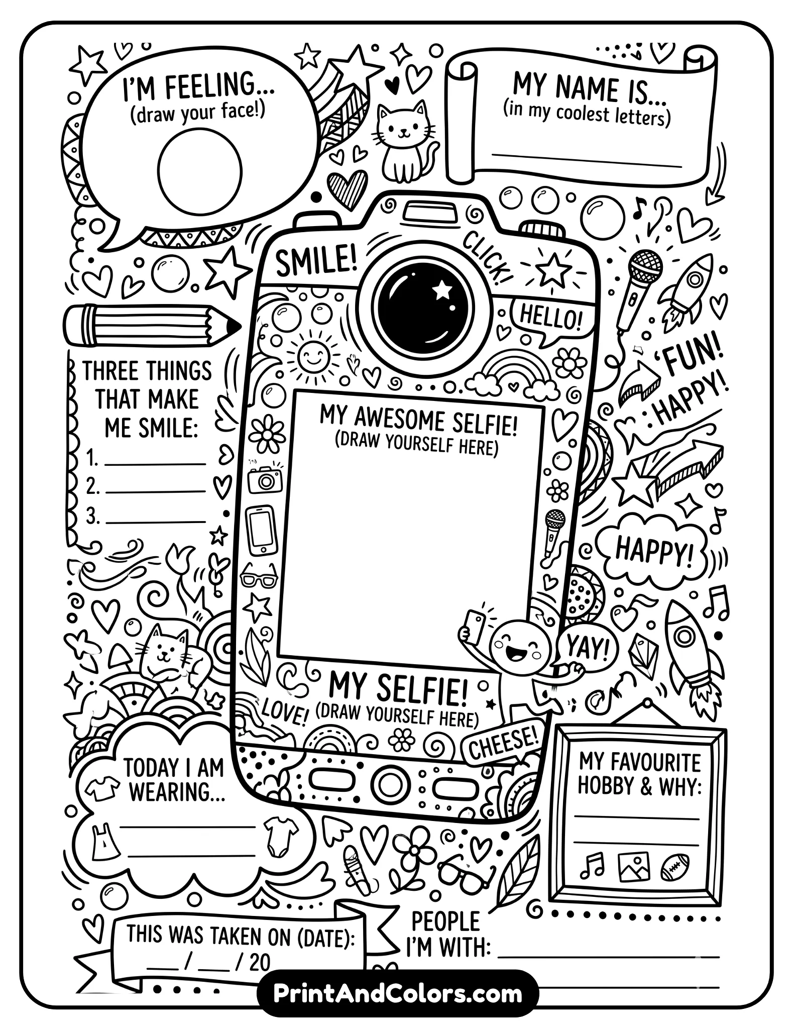 black-and-white selfie-themed worksheet with a large camera or phone frame and decorative doodles. Include writing prompts around the frame. Clean outlines, playful style, printable coloring page.