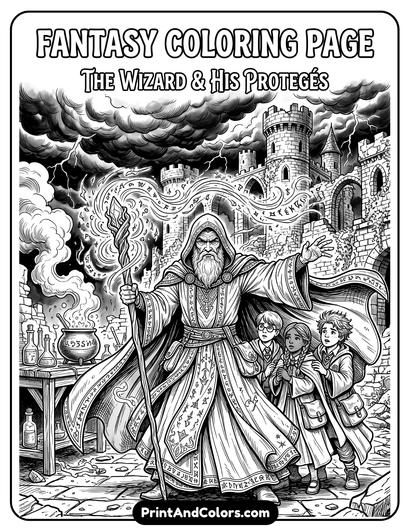 Dramatic black and white fantasy coloring page of a stern wizard professor standing protectively in front of three young wizard students. Include swirling magical energy, castle ruins, dark clouds, potion smoke, and flowing robes. Detailed printable line art with strong fantasy atmosphere