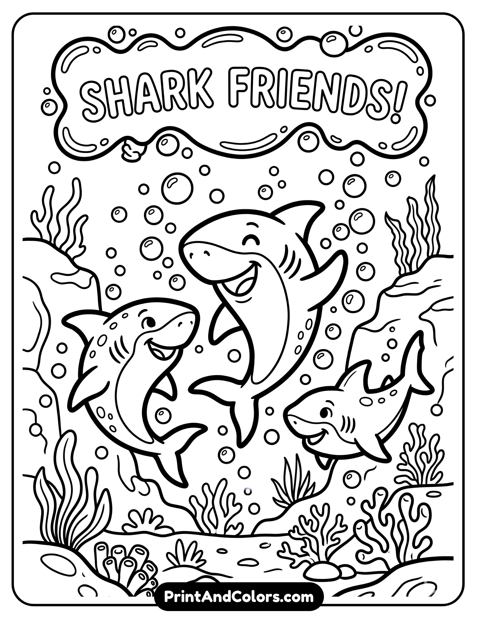 Line art of three cartoon sharks swimming together with friendly expressions, surrounded by bubbles and simple underwater rocks. Thick outlines, not scary, playful composition