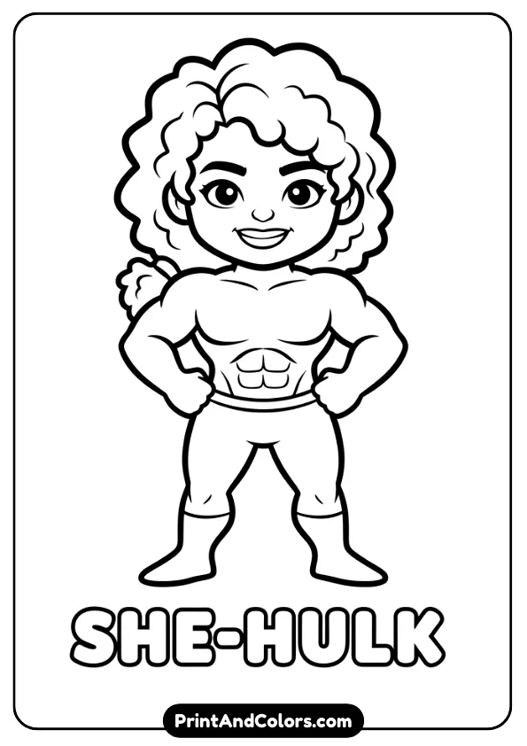 Cute cartoon She-Hulk smiling, hands on hips, simplified style, thick lines, perfect for children, no background