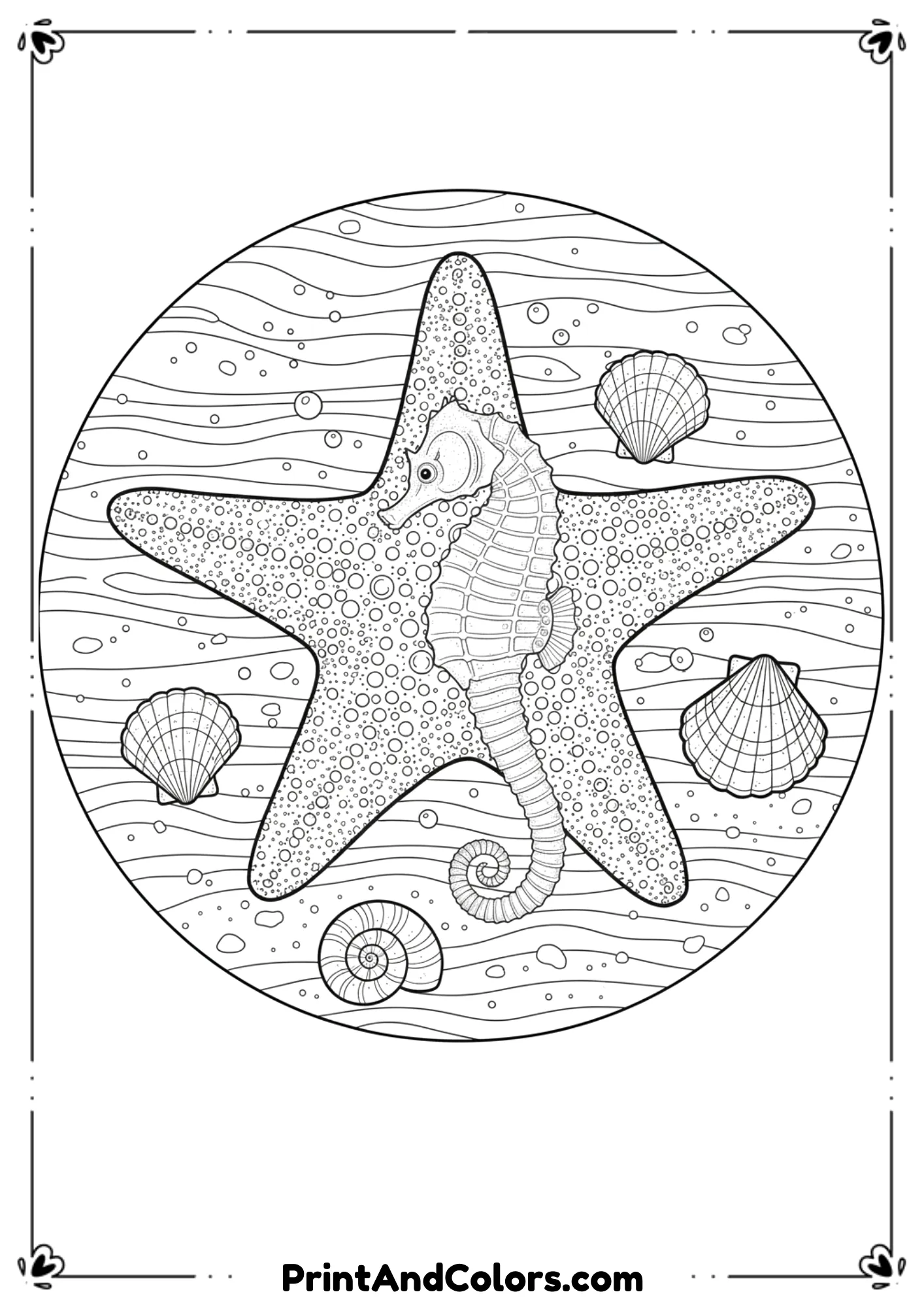 Beach-themed scene with a seahorse, a starfish, and several decorative shells arranged around waves and sand textures.