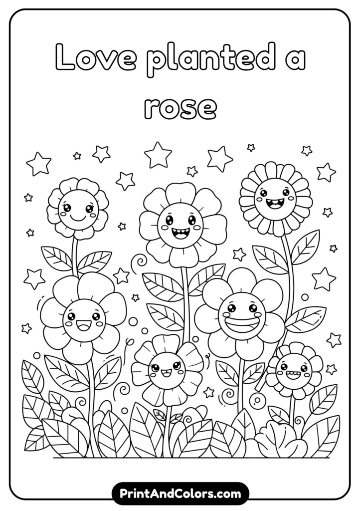 Black and white kawaii flowers with silly smiling faces, surrounded by leaves and stars, outlined for coloring