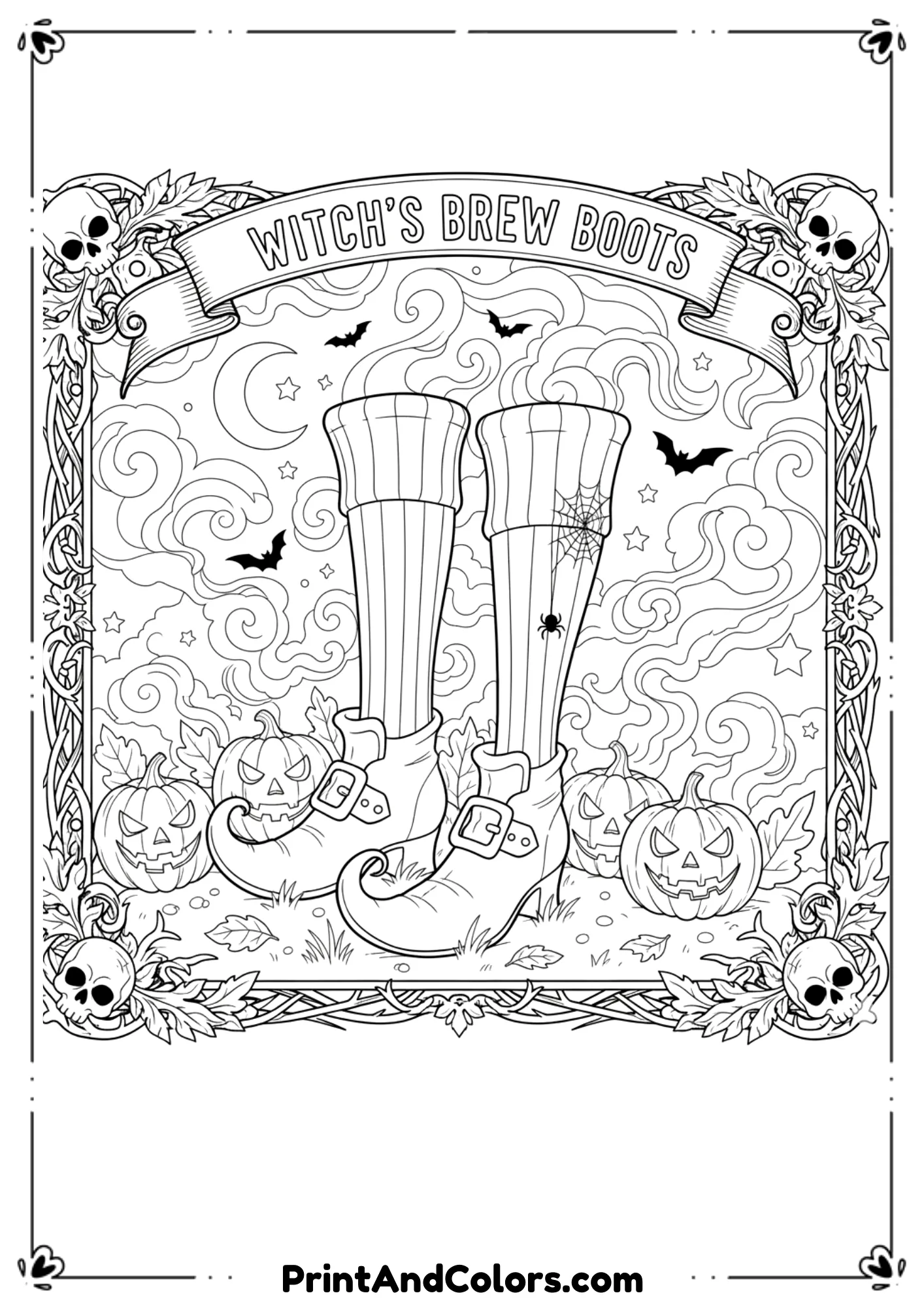 Black-and-white drawing of pointed witch boots with striped socks, stars, and pumpkin decorations.
