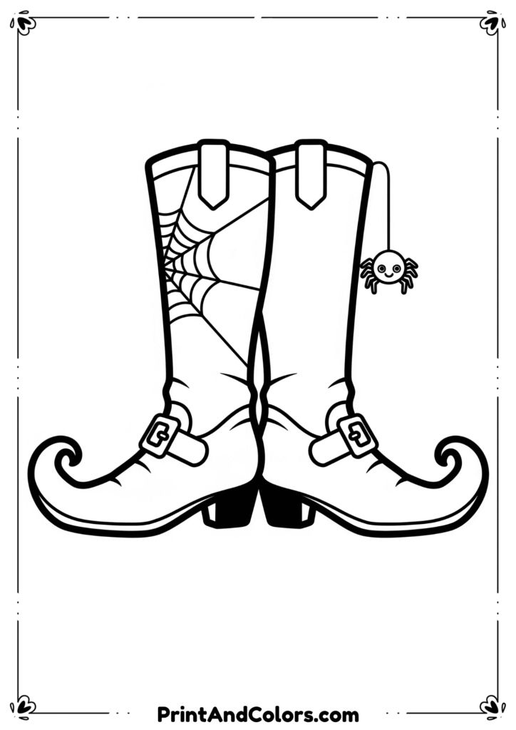 Black-and-white drawing of pointed witch boots with striped socks, stars, and pumpkin decorations.