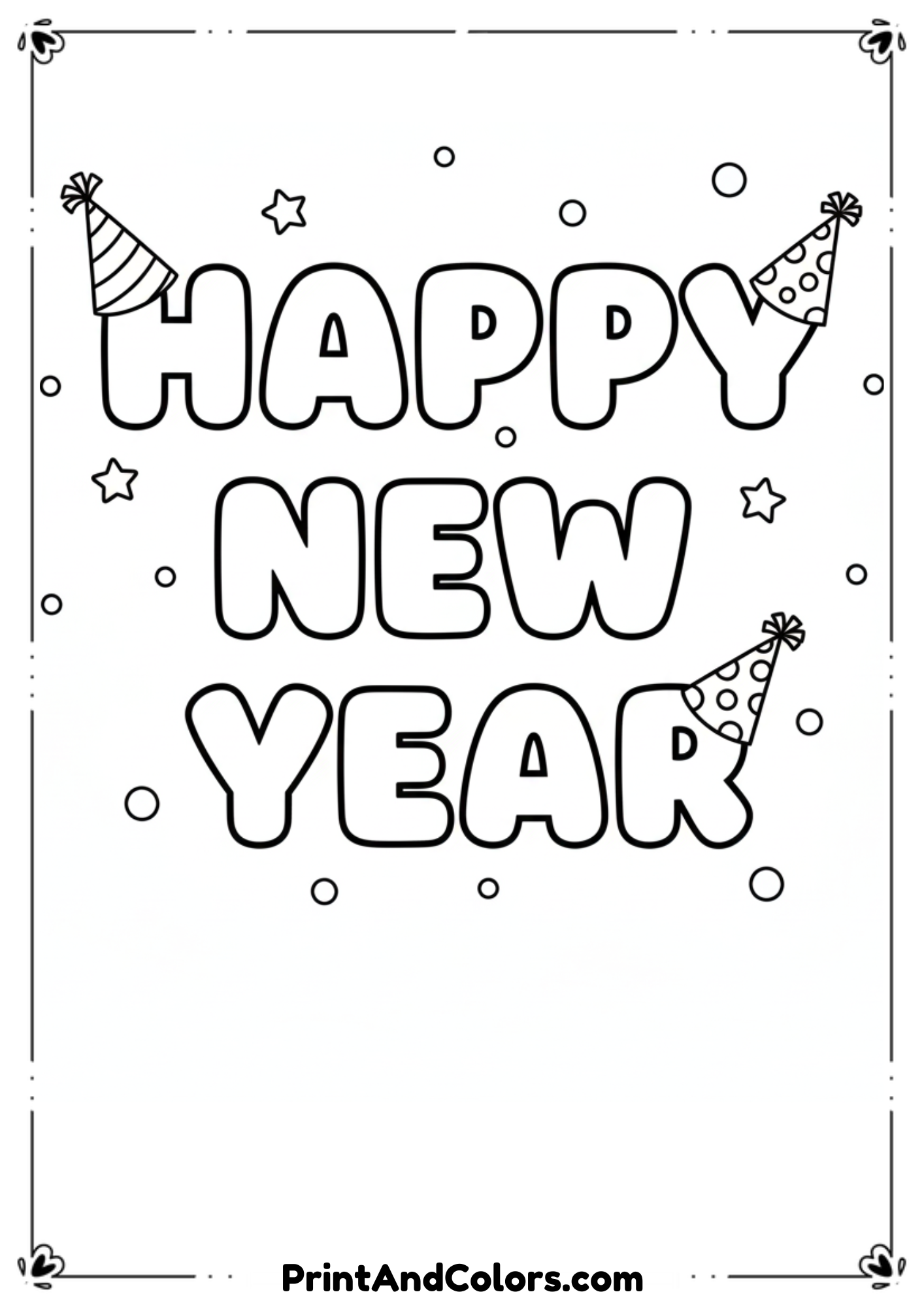  Minimal black and white line art with “Happy New Year” words decorated with cute cartoon party hats, stars, and confetti. Very simple design, thick outlines, perfect for preschool and young kids.