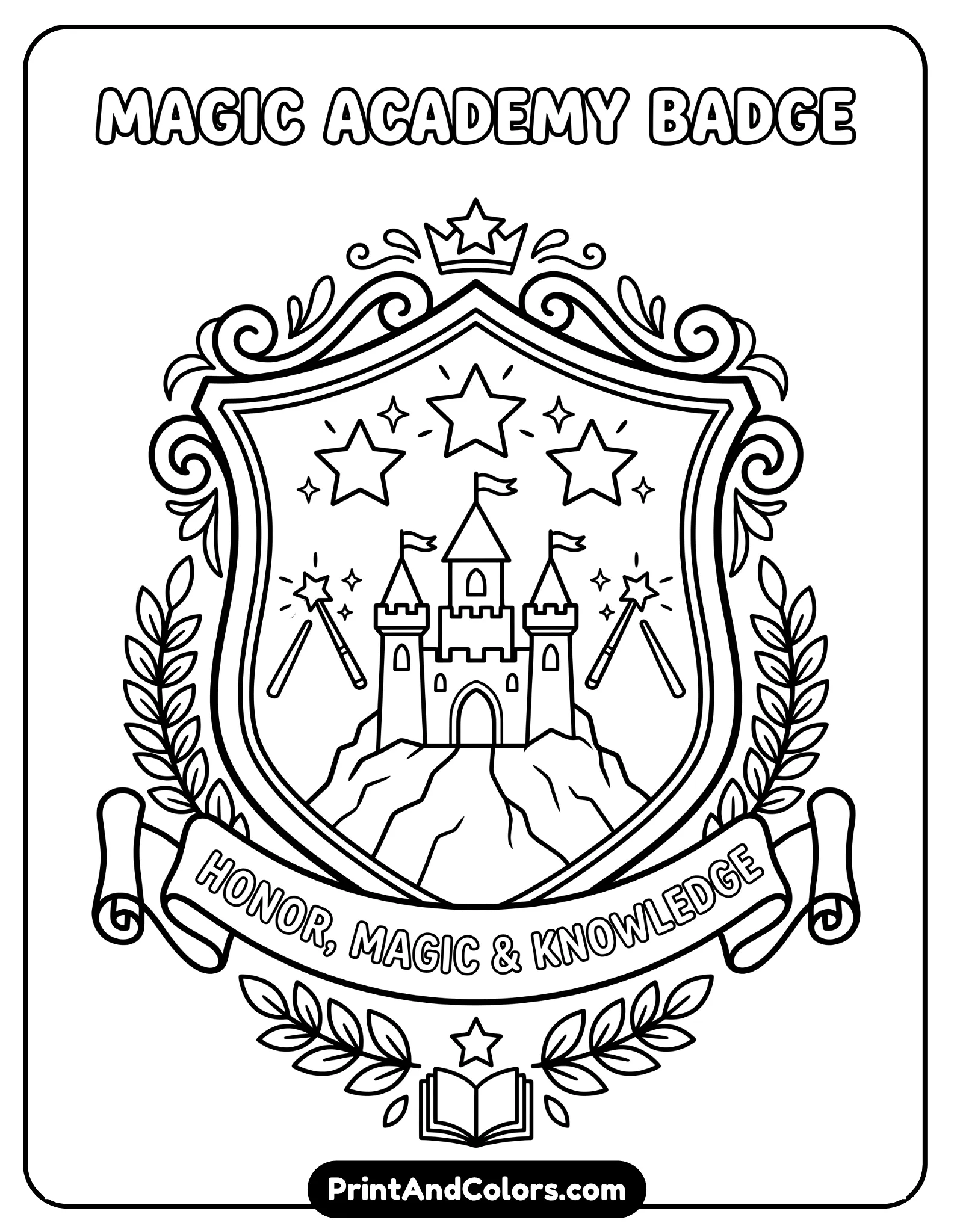 Simple black and white coloring page of a fantasy school badge featuring shield shapes, magical stars, scroll banners, and decorative crest details. Use thick clean outlines and minimal intricate patterns suitable for children. Printable coloring sheet style with white background