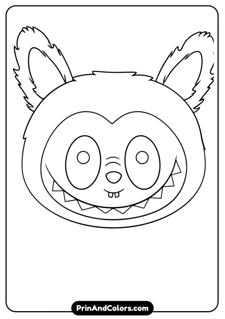 Close-up line art of Labubu’s cute face with horns and big eyes, minimal details for coloring.