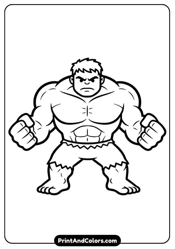Very simple outline drawing of Hulk with soft shapes, round features, minimal details, thick bold lines, preschool-friendly, no background