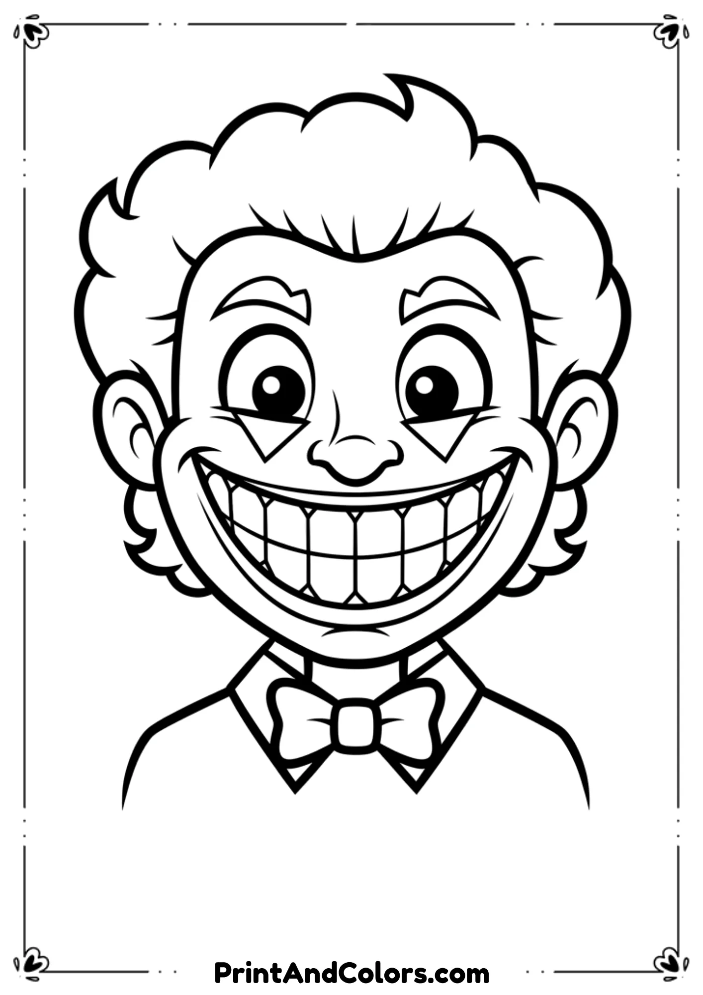 Easy cartoon Joker with big smile, black and white outline with minimal details, child-friendly coloring page.
