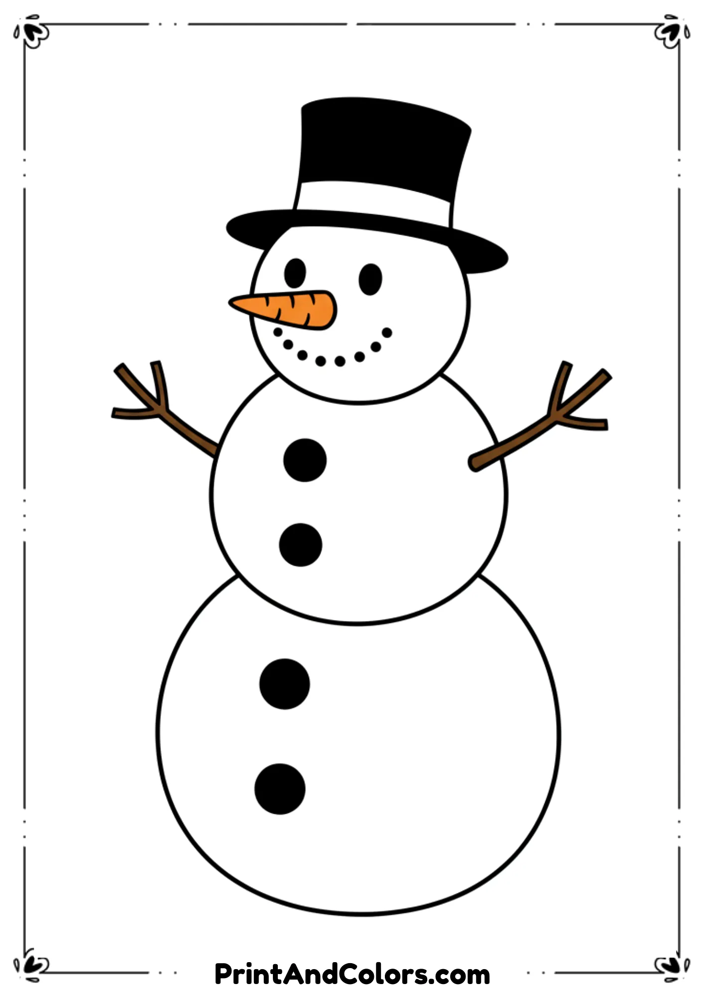 Basic line art snowman with plain hat, carrot nose, and stick arms. No complex elements, clean and easy to color.
