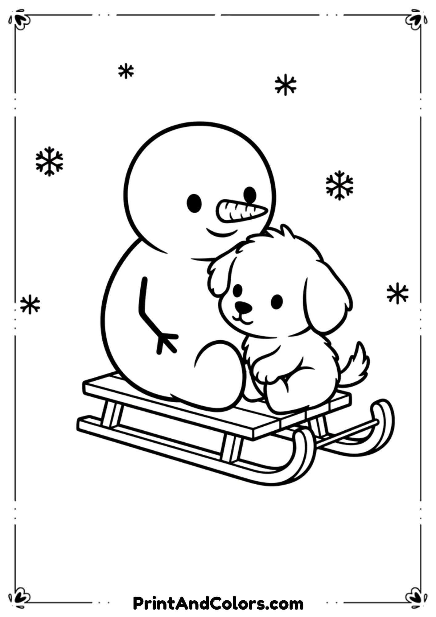 Cute snowman and a small puppy cuddling while sitting on a wooden sled. Very simple shapes, large outlines, perfect for preschoolers.
