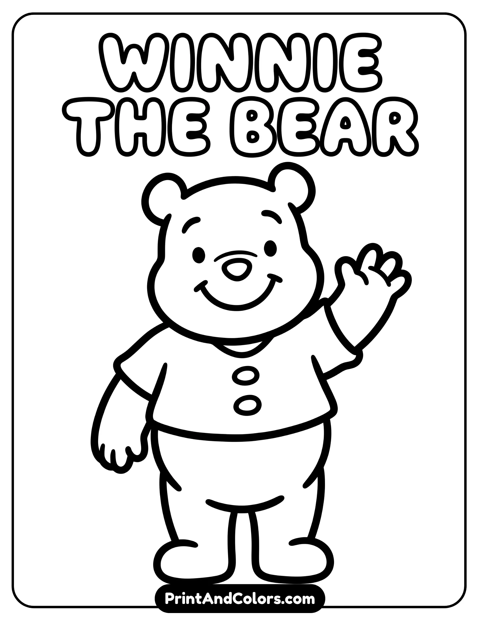 Very simple black and white outline drawing of Winnie the Pooh standing and waving happily, minimal details, thick bold lines, large empty coloring spaces designed specifically for preschool and kindergarten children, plain background