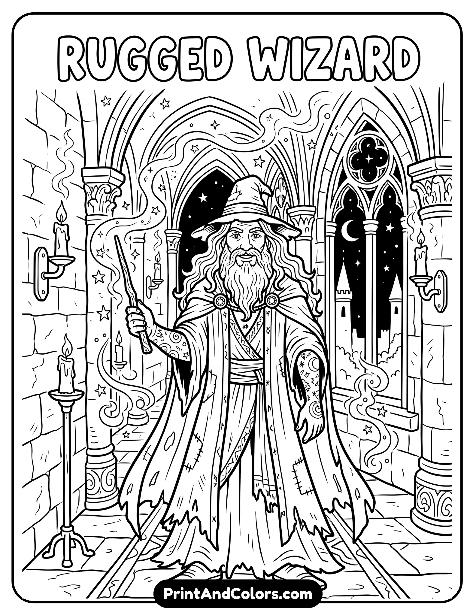 Detailed black and white coloring page of a rugged wizard with long hair and mystical tattoos standing in a dark magical hallway holding a wand. Include candles, magical smoke, gothic windows, and fantasy stars. Printable fantasy line art with realistic character details