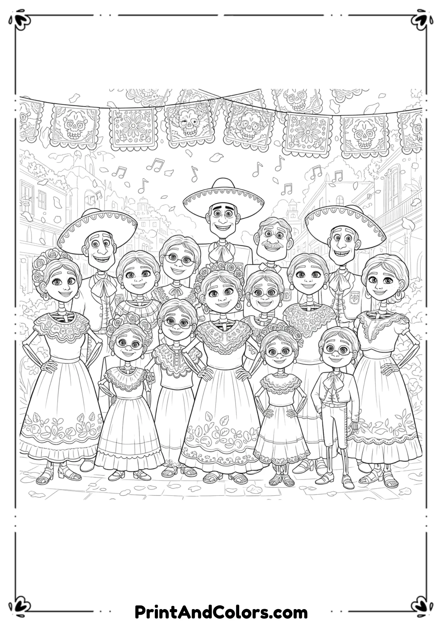 Black and white line art of Coco skeleton family characters in festive clothing, smiling, designed as printable coloring page with fun details