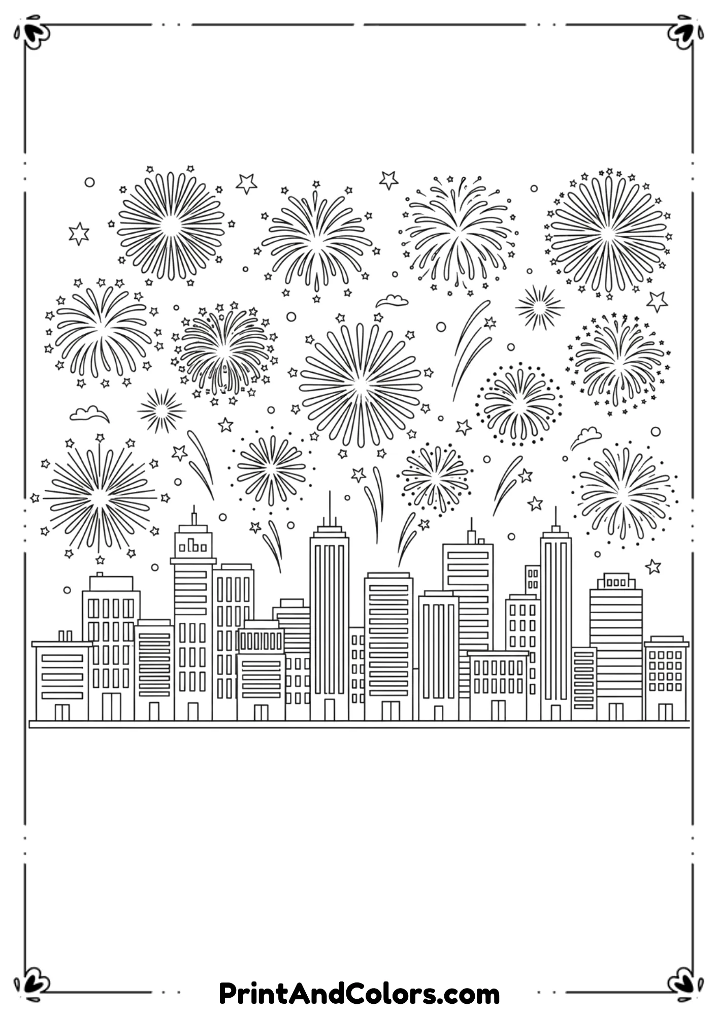  Black and white line art illustration of a city skyline at night with tall buildings and a clear horizon, while the sky above is fully covered with large bursting fireworks of different shapes. Simple building details, bold outlines, open sky areas, no shading, kid-friendly coloring page style.
